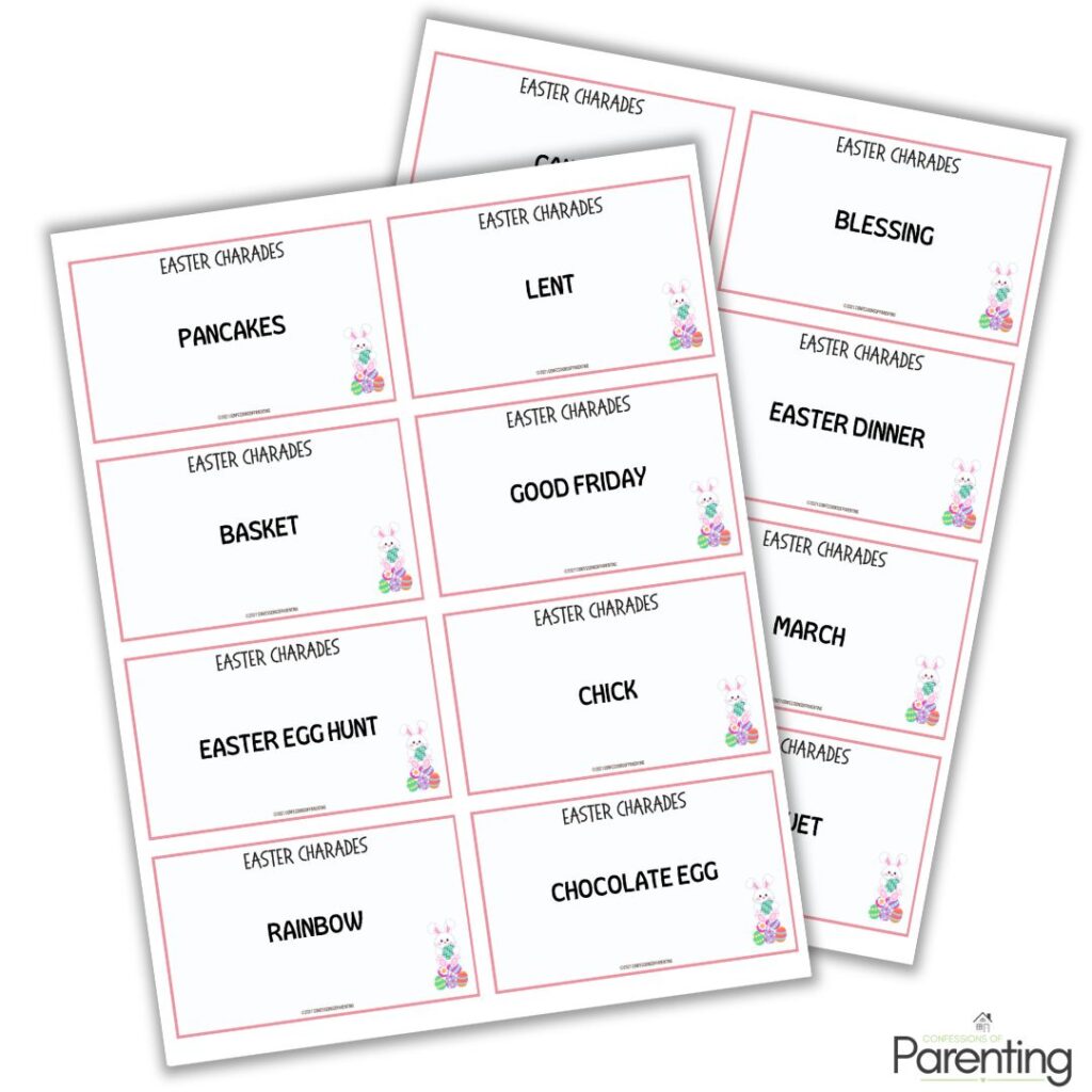 Close-up of printable Easter charades cards with words like Pancakes, Lent, Good Friday, Easter Egg Hunt, and Chocolate Egg.