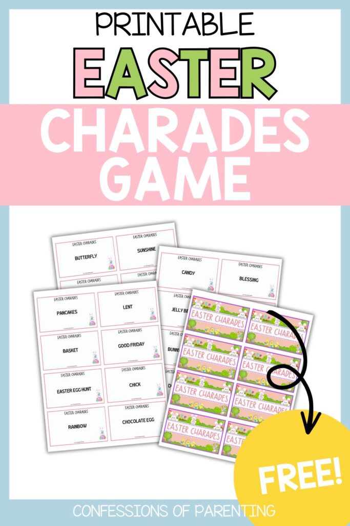 Printable Easter charades game cover with pastel title and preview of charade cards,