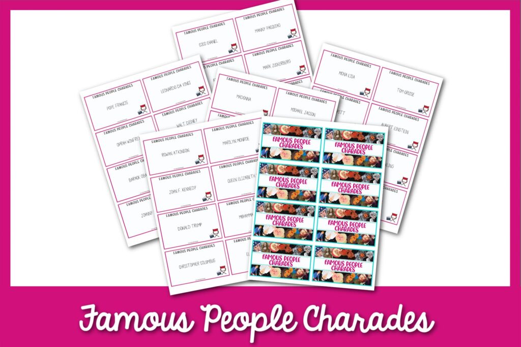 feature image: famous people charades on a pink border