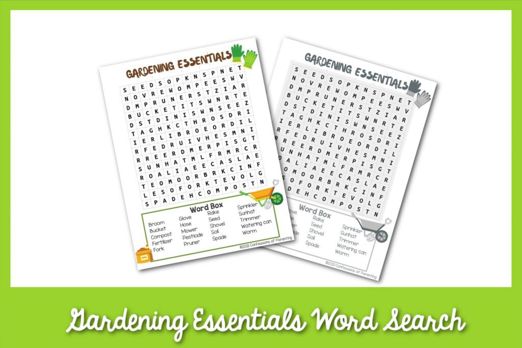 1 color, 1 black and white Gardening Essentials Word Search worksheets with a green border