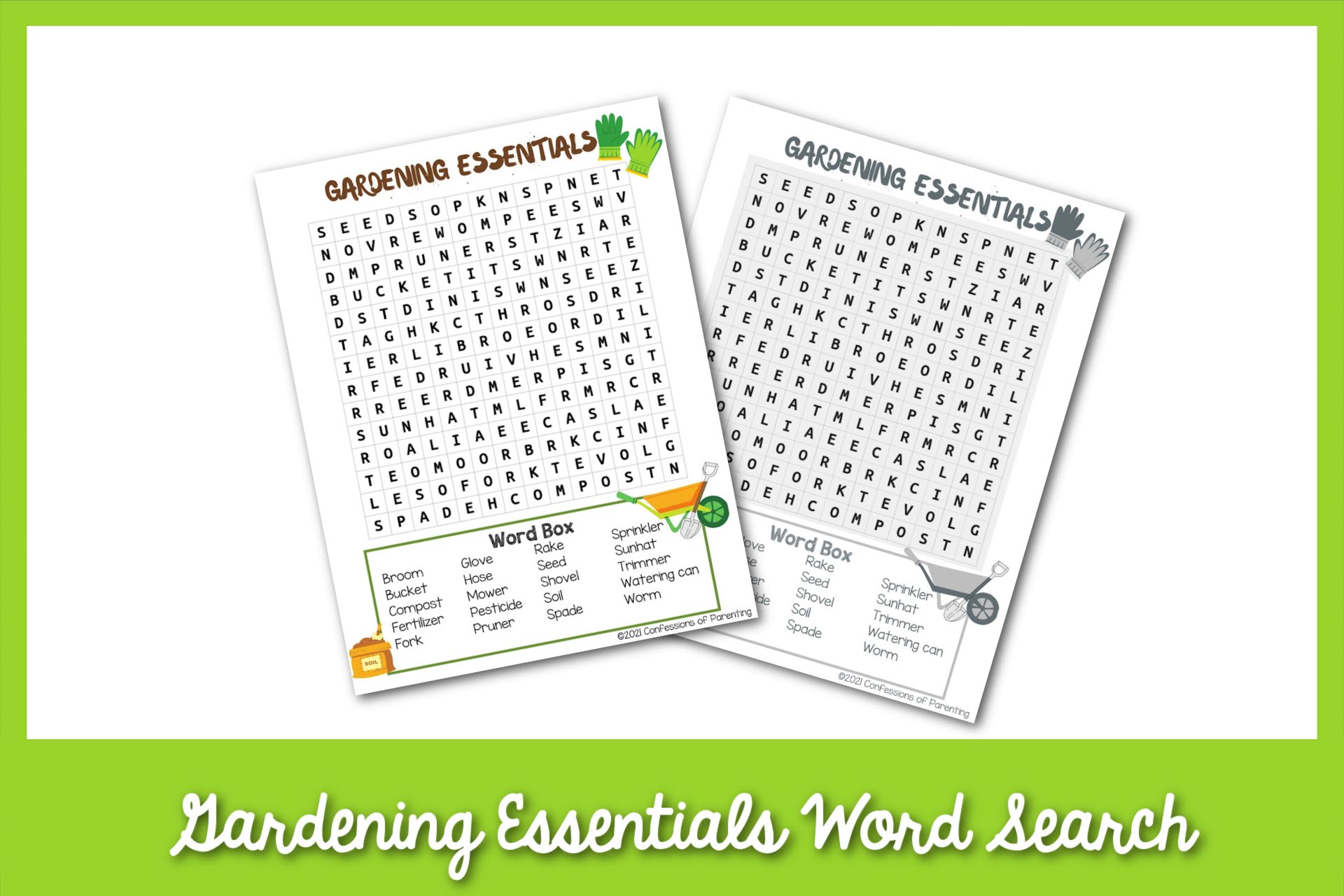 feature image: gardening essentials word search on a green background