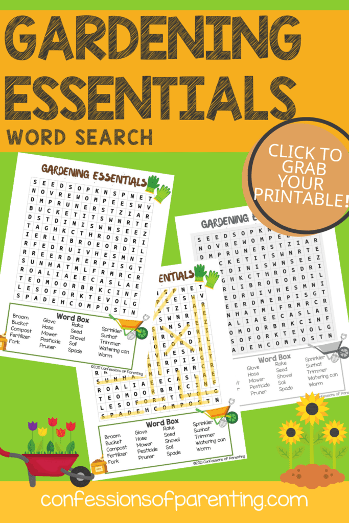 2 color, 1 black and white Gardening essentials word search worksheets on a green and orange background