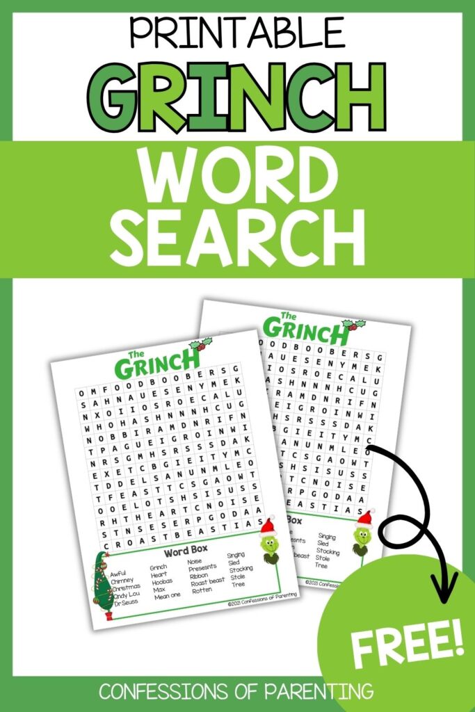 Printable Grinch word search poster featuring two puzzle sheets, green holiday design, Christmas-themed word list, and free printable download badge.