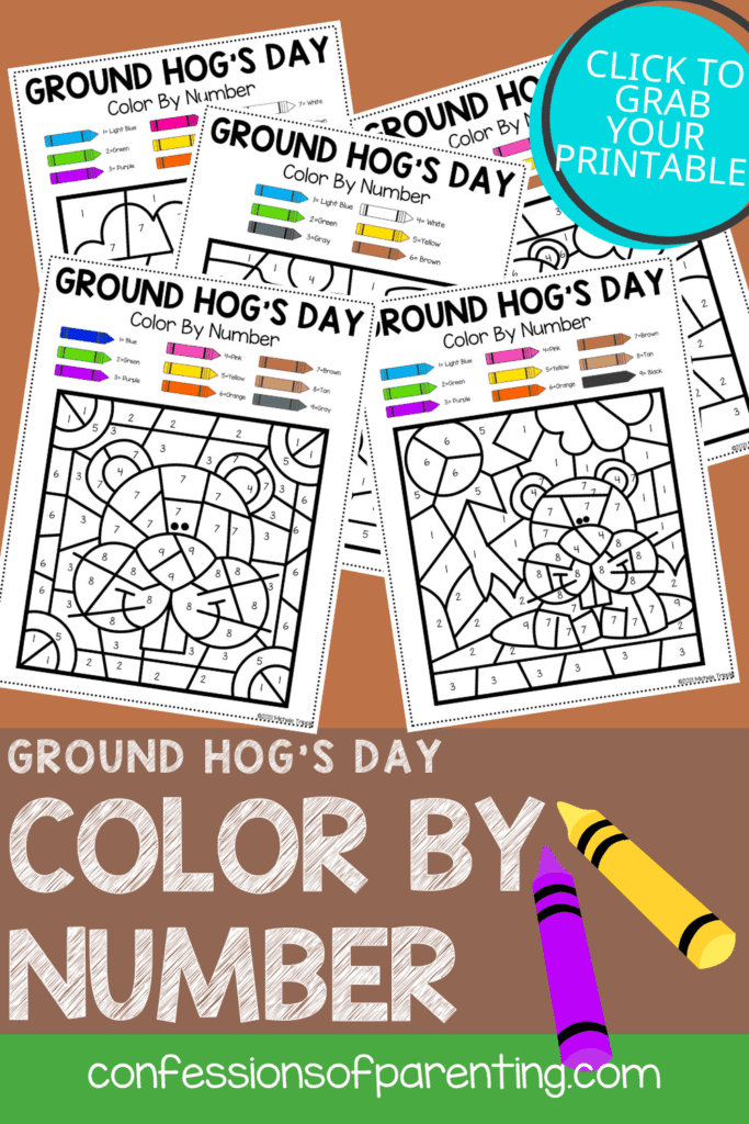 5 groundhog day color by number sheets on a brown background with purple and yellow crayons