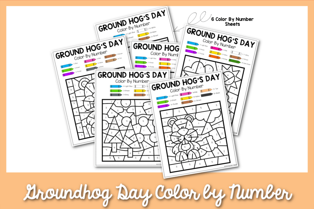 6 groundhog day color by number sheets with a flesh border