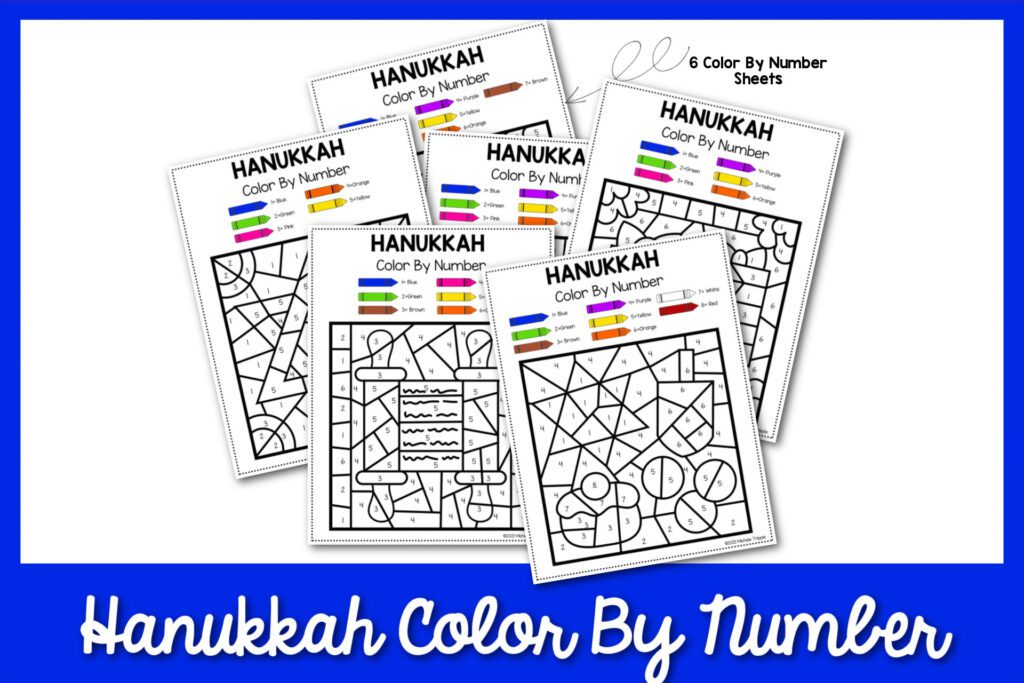 6 Hanukkah color by number worksheets  with a blue border