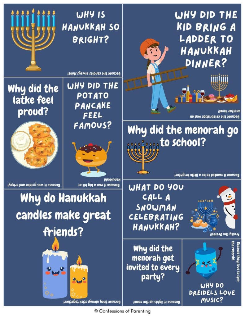 Hanukkah-themed joke cards for kids on a blue background featuring a menorah, latkes, dreidel, candles, and holiday dinner illustrations with fun Hanukkah jokes
