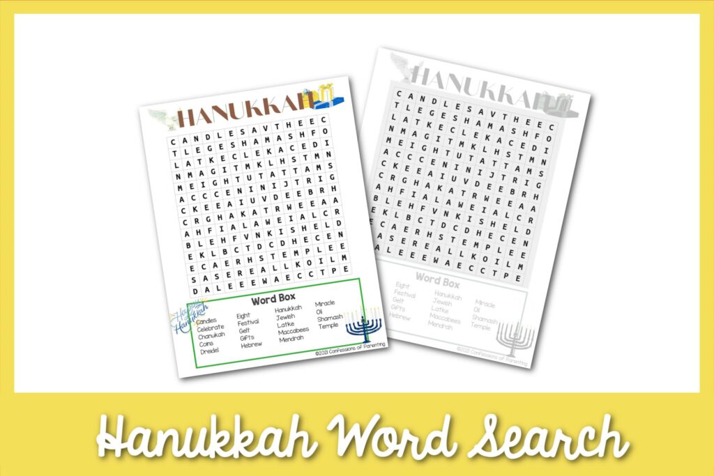 1 color, 1 black and white Hanukkah word search worksheets with a yellow border