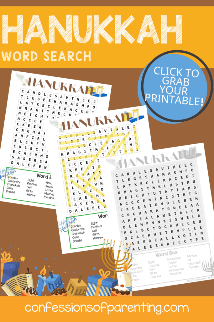 2 color, 1 black and white Hanukkah word search worksheets on a brown and orange background