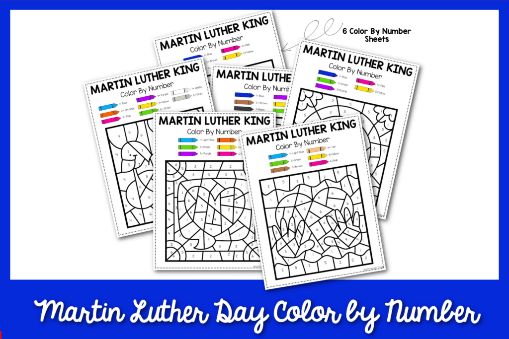 6 Martin Luther day color by number sheets with a blue border