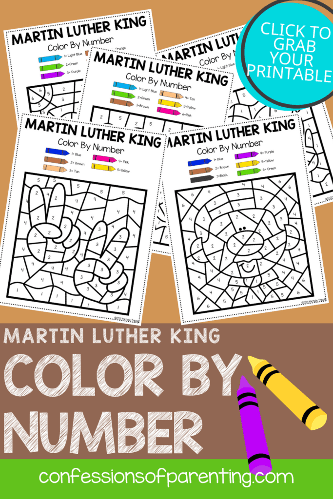 5 Martin Luther king color by number sheets with purple and yellow crayons on a brown background 