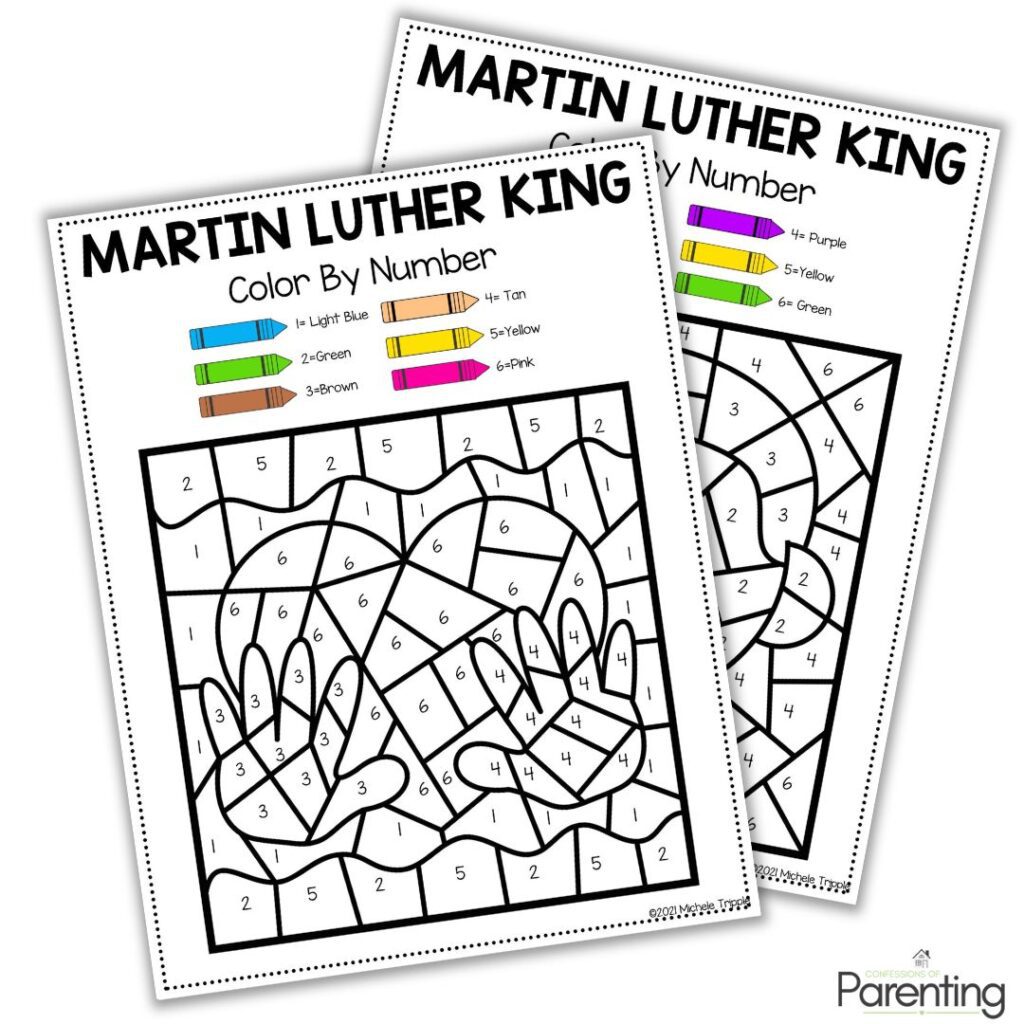 Martin Luther King Jr color by number printable for kids with numbered sections and crayons key