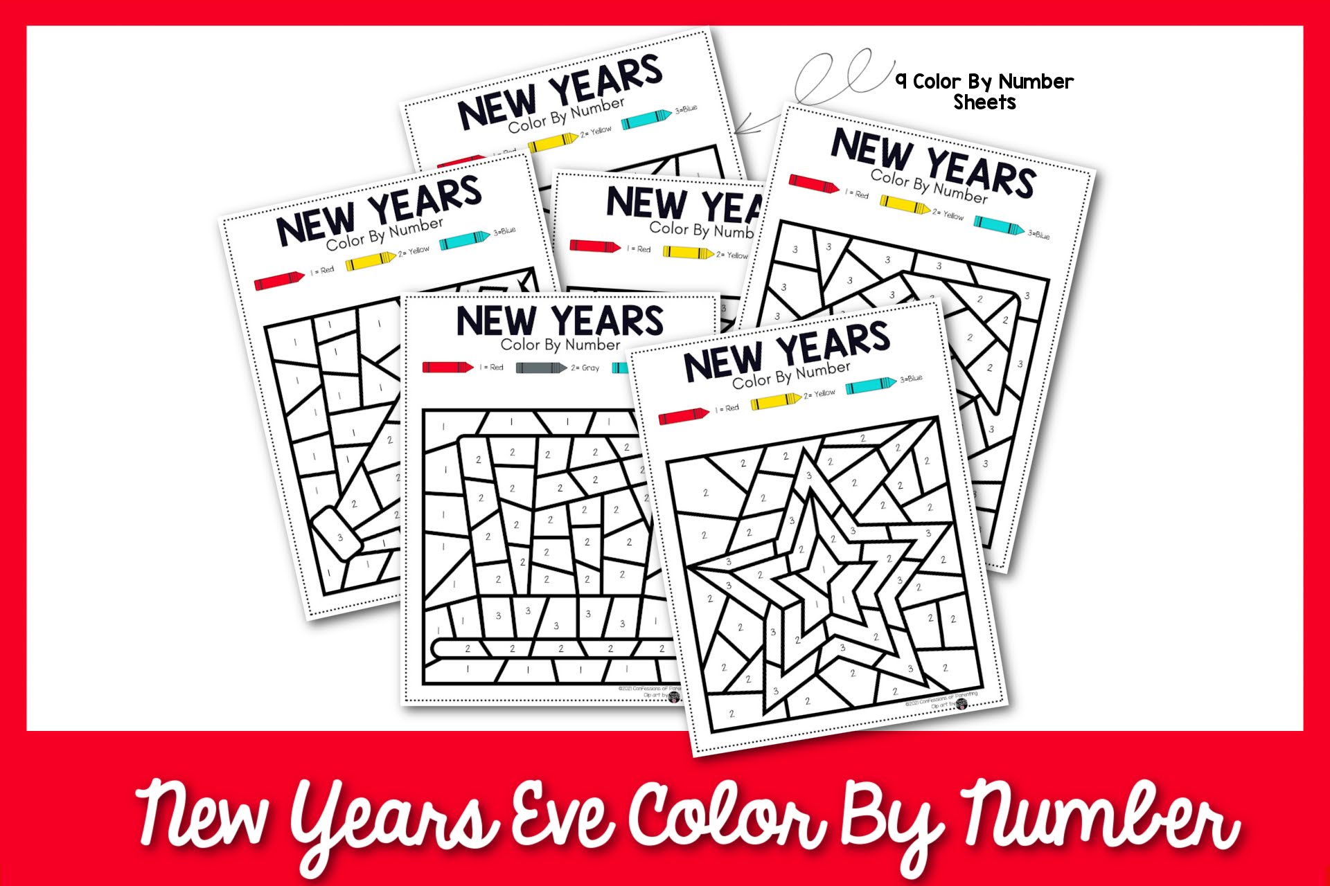 New Years Even Color By Number Sheets with red border