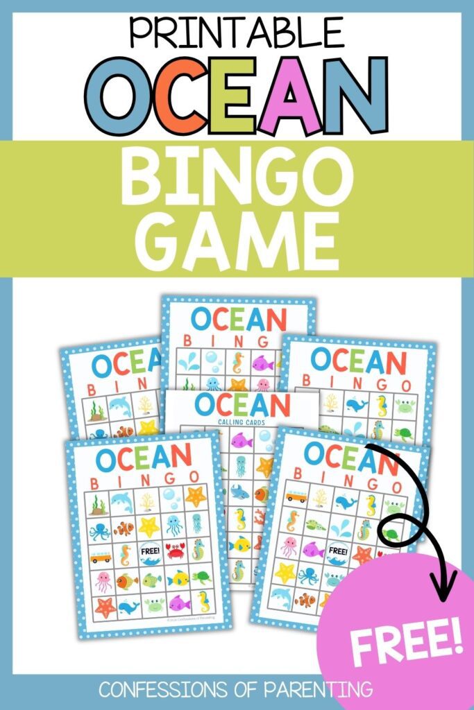 Printable ocean bingo game with colorful cards featuring sea animals like fish, turtles, octopus, and starfish; labeled free.