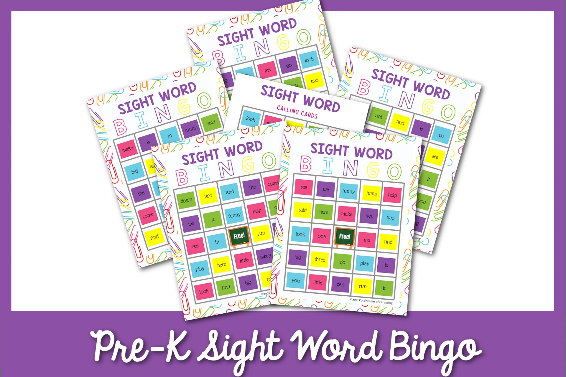 feature image: Pre-K Sight Word Bingo on a purple border