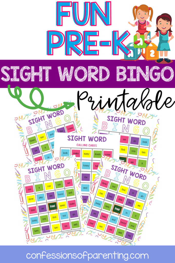 pin image: Pre-K Sight Word Bingo with a kid sitting on an alphabet block