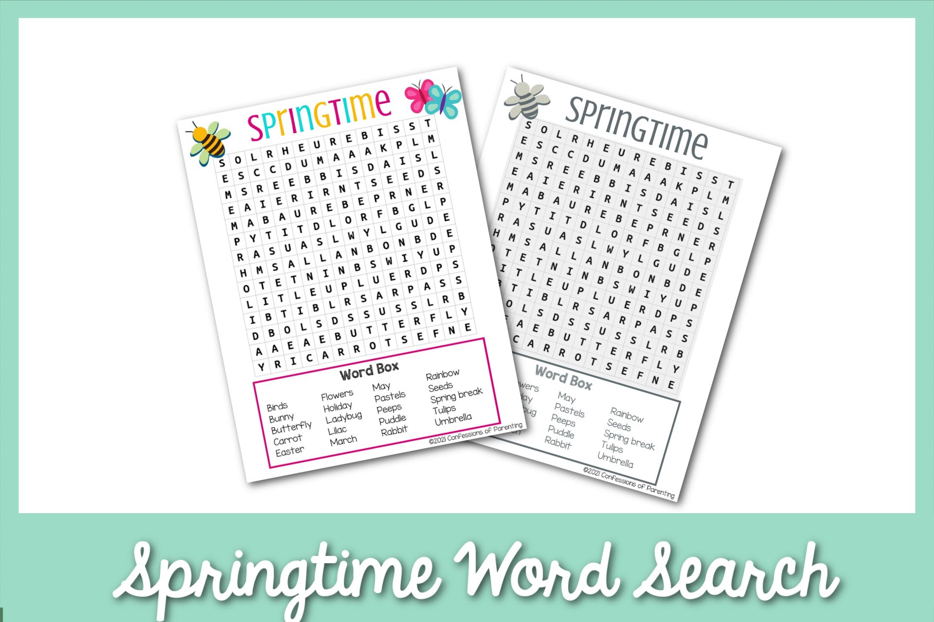 feature image: springtime word search on a blue background