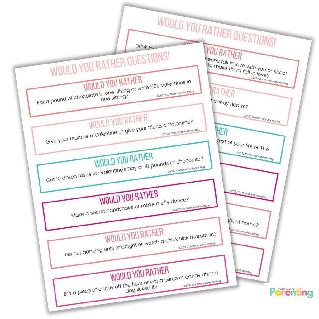 Valentine’s Day Would You Rather printable question cards for family game night and classroom fun