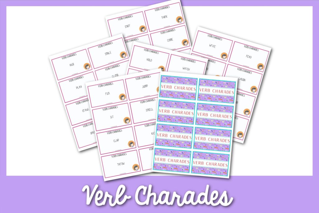 featured image: verb charades on a purple border