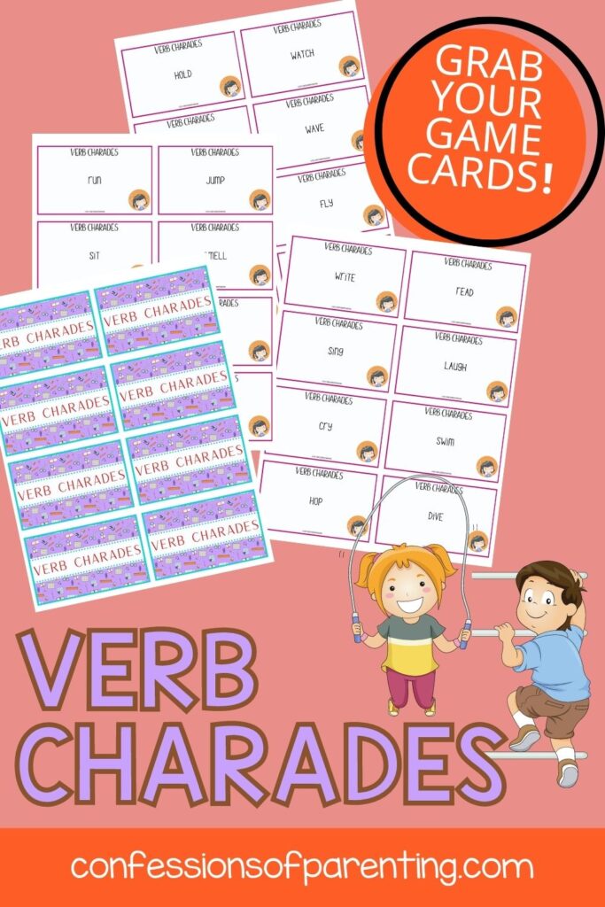 pin image: verb charades cards with kids playing