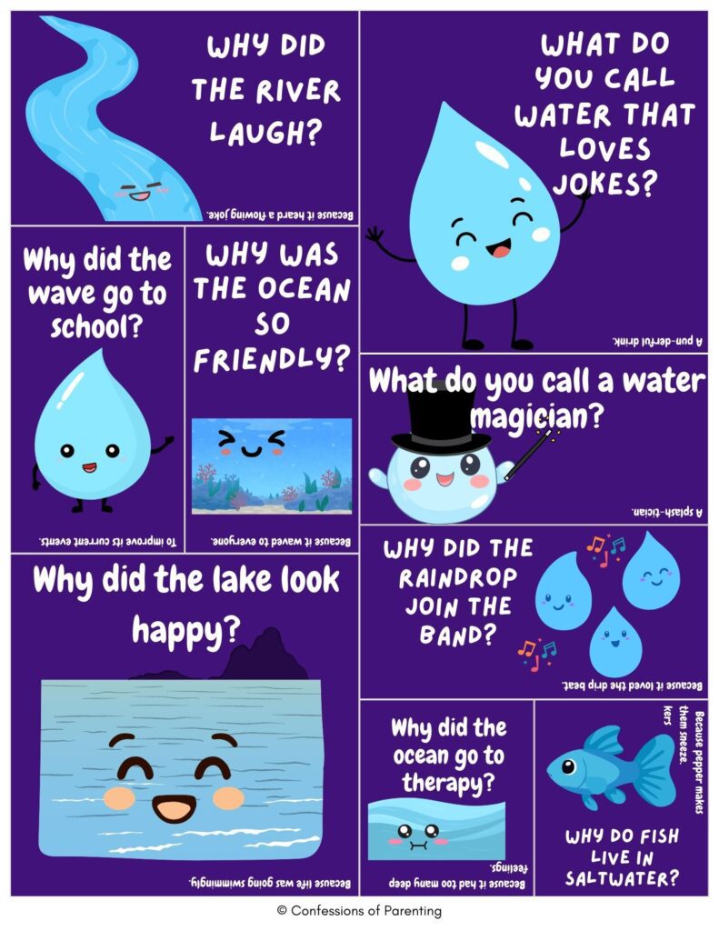 Purple collage of water jokes for kids with cartoon drops, waves, fish, and ocean scenes featuring funny water-themed riddles and puns.