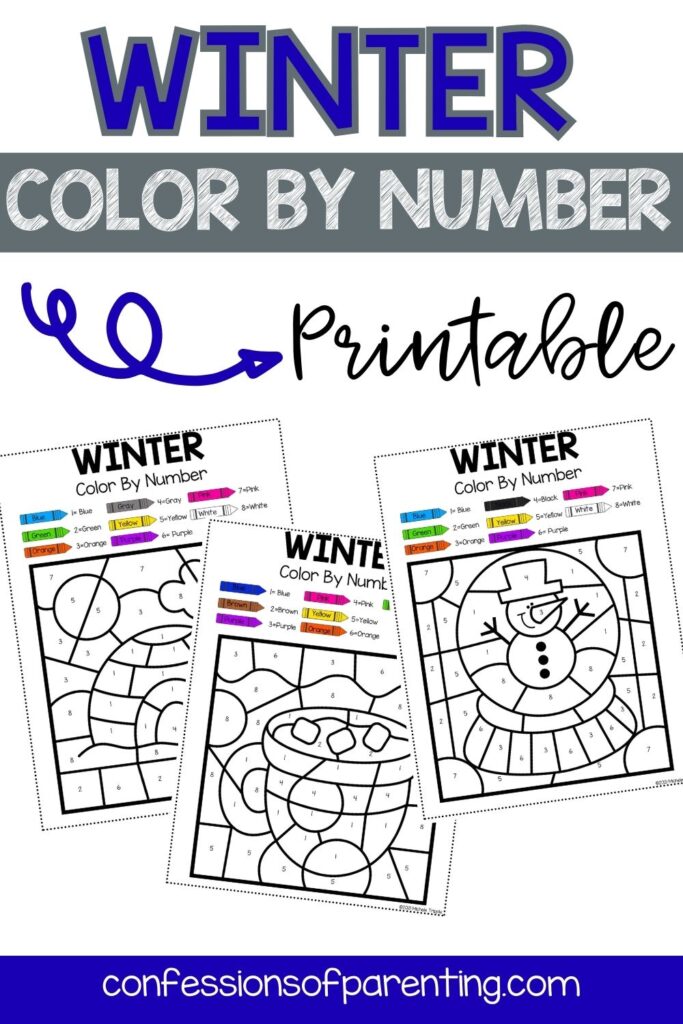 3 Winter Color By Number sheets With blue and silver colors