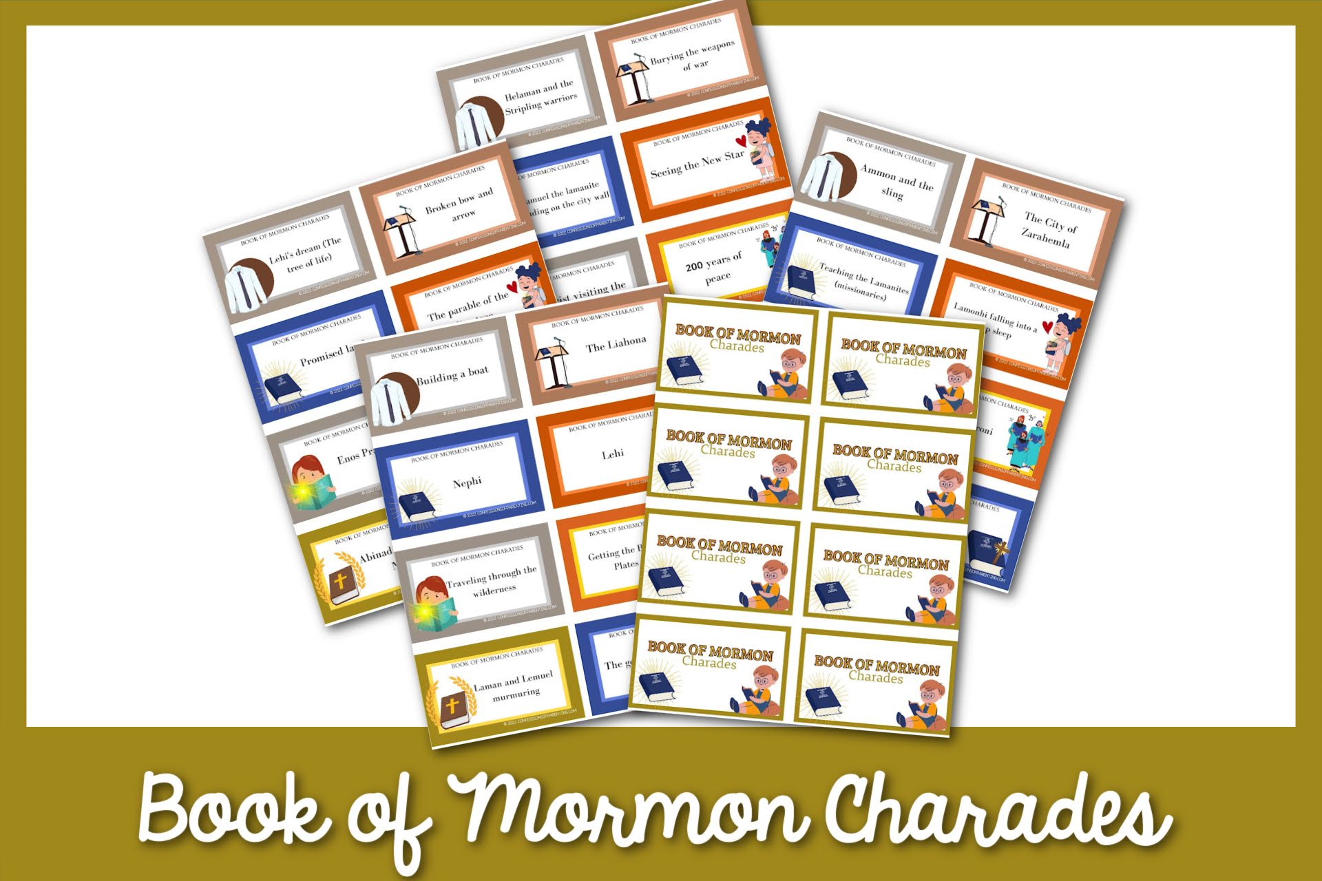 featured image: book of mormon charades on a yellow background