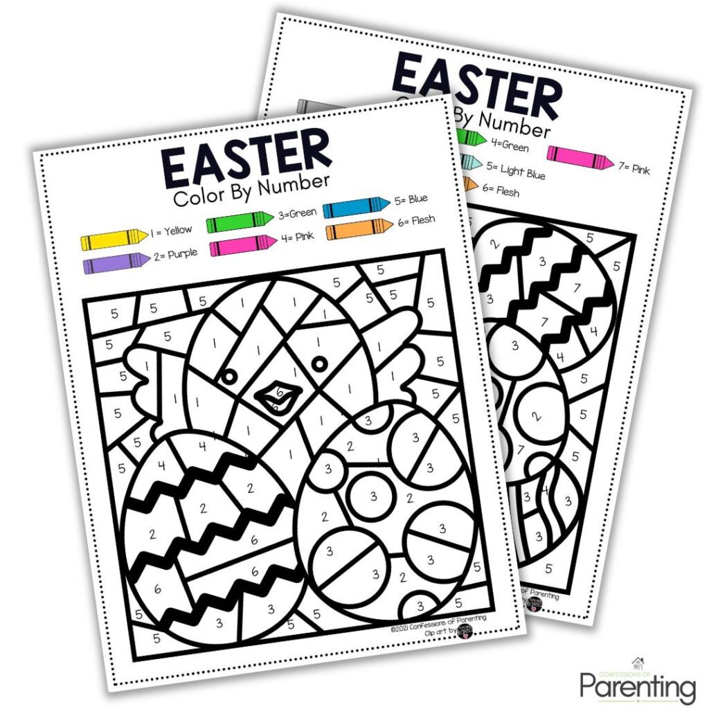 Two Easter color by number pages featuring eggs and chick design, free printable Easter activity for kids.
