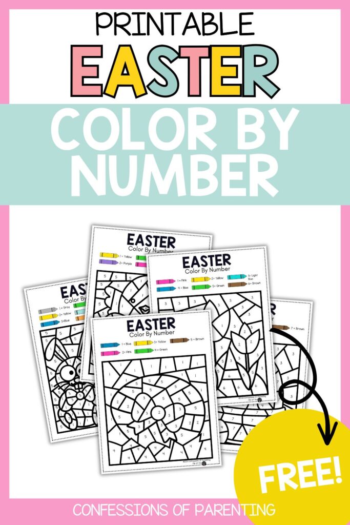 Printable Easter Color By Number sheets with cute spring designs and crayons, perfect free Easter activity for kids.