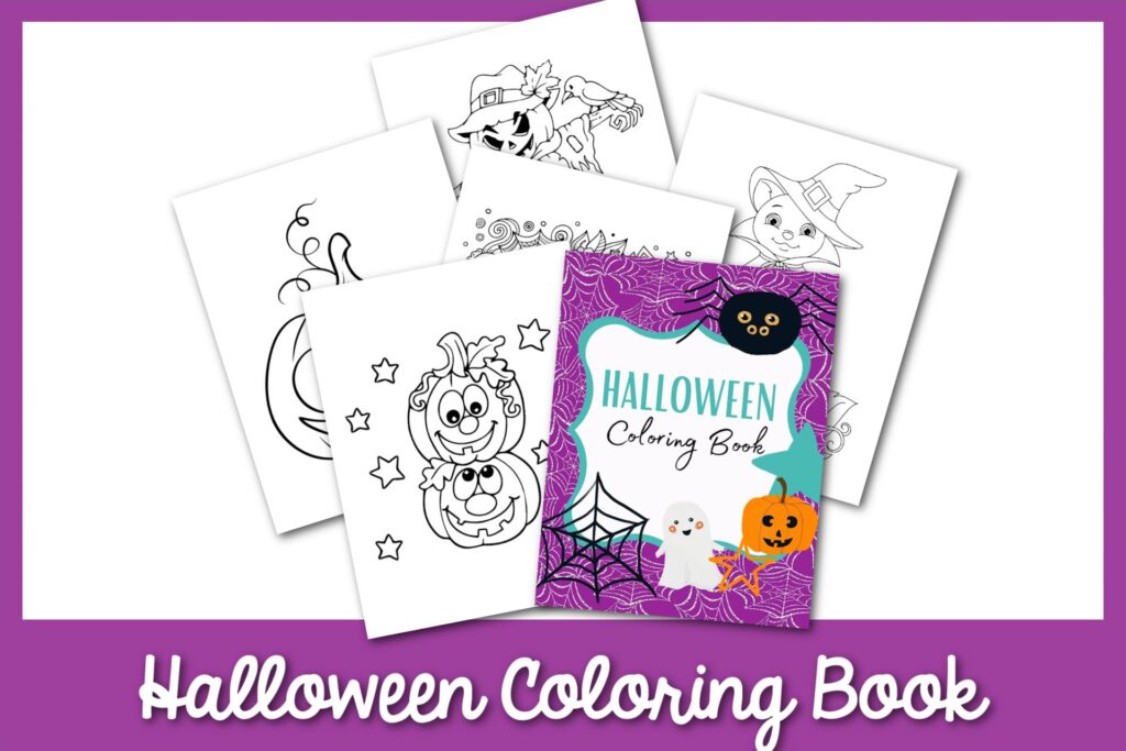 featured image: halloween coloring book on a purple border