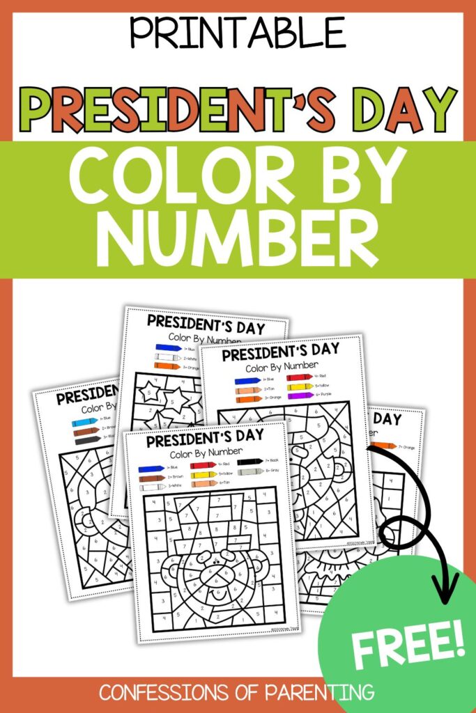 President’s Day color by number printable featuring six patriotic worksheets for kids, perfect for an easy Presidents’ Day activity.