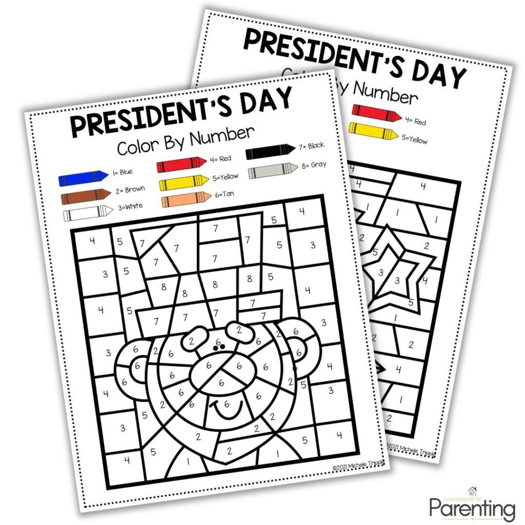 President’s Day color by number worksheet showing a patriotic design with numbered sections for kids to color.