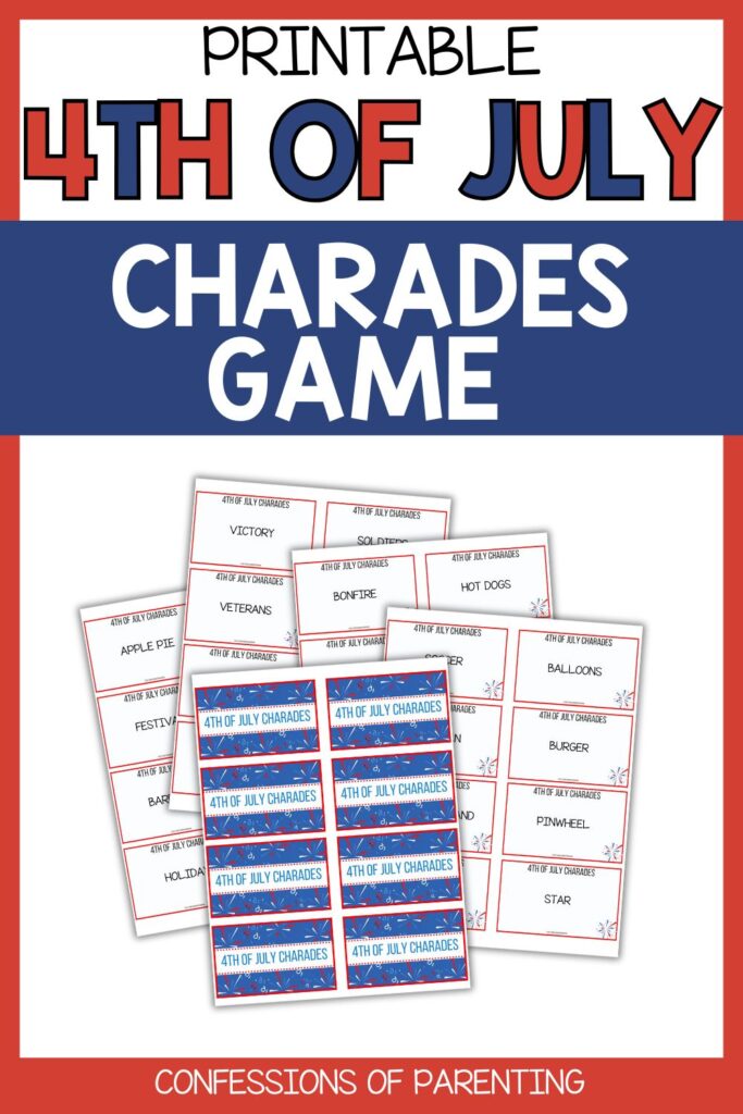 Pinterest Pin: teal border with 4th of July Charades game PDF mockup with 4th of July Charades game printable