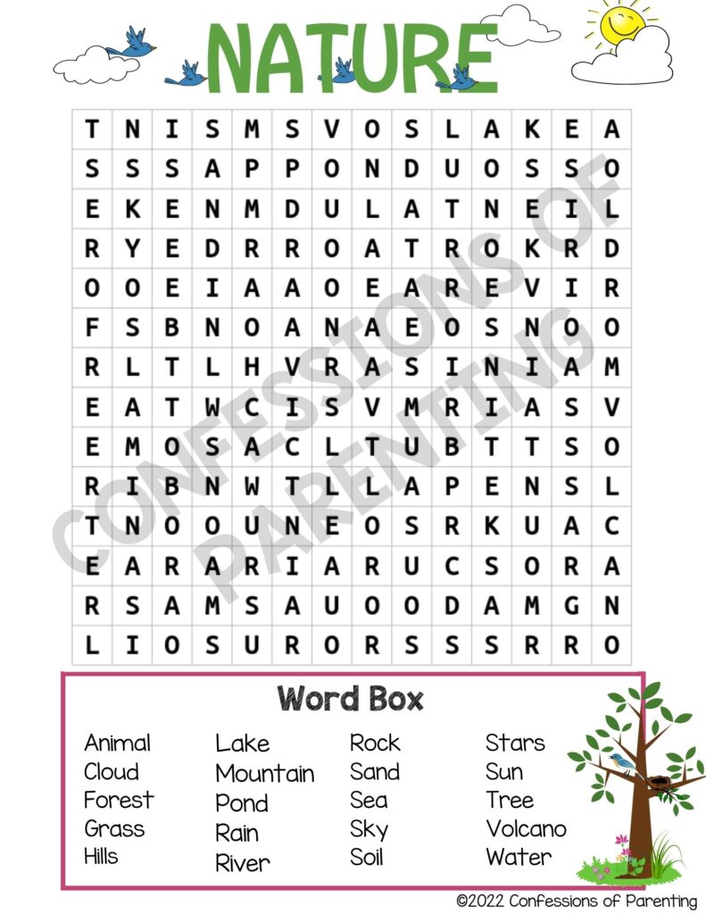 Sample of a nature word search with a watermark