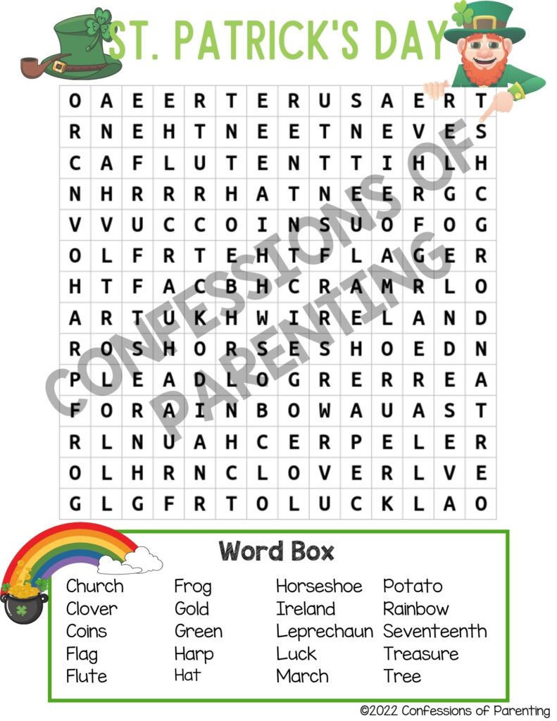 sample image of st. patrick's day word search 