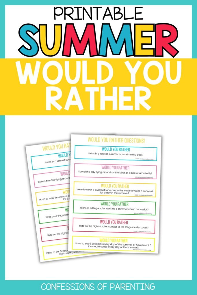 Pinterest Pin: teal border with Would You Rather Summer Questions PDF mockup with Would You Rather Summer Questions printable