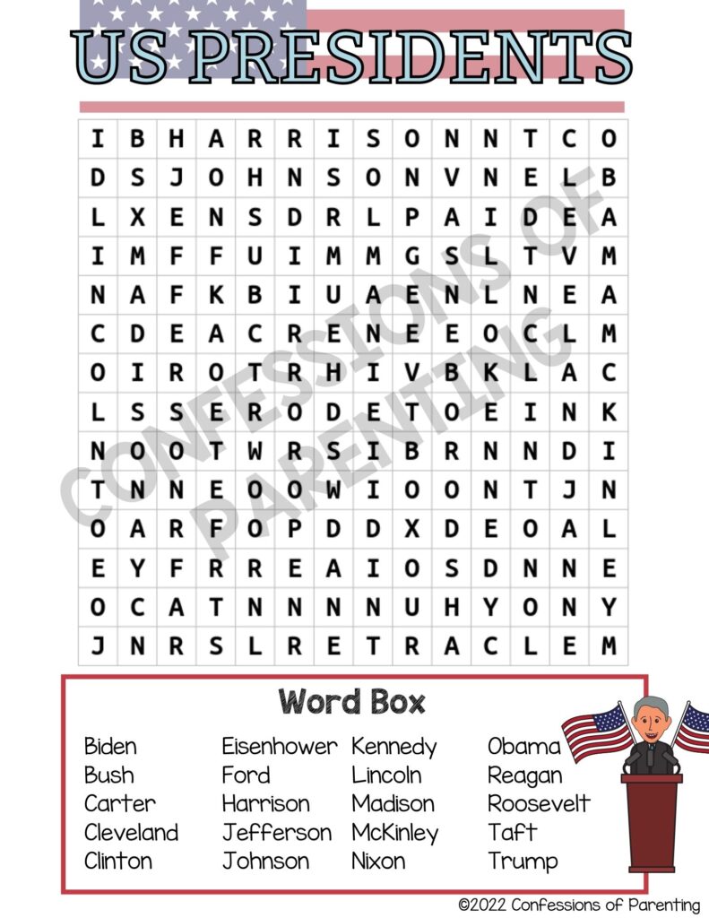 Sample of a U.S. presidents word search with a watermark