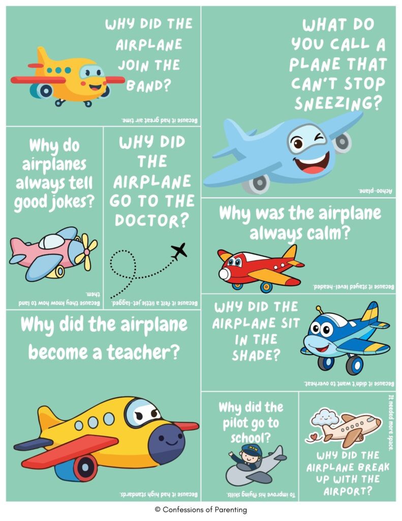 Green collage of airplane jokes for kids with cute cartoon airplanes and funny aviation-themed riddles and puns.