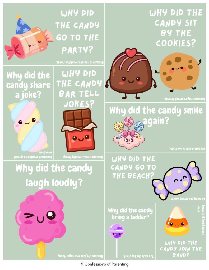 Green collage of cute cartoon candy characters with funny candy jokes for kids about parties, cookies, beaches, and sweet candy humor.
