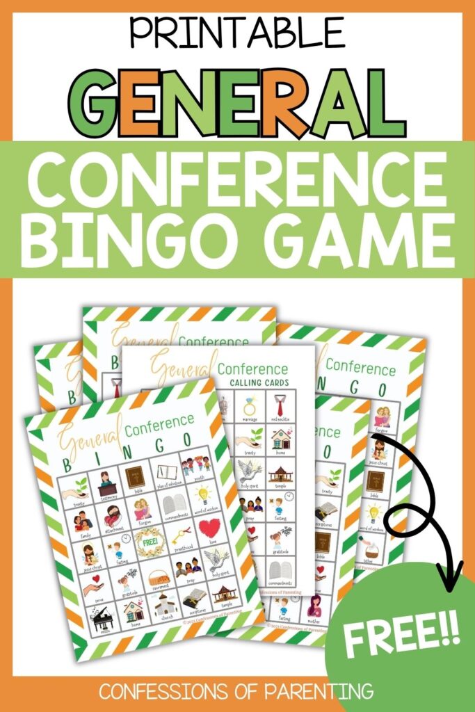 Printable General Conference bingo game set with colorful LDS-themed bingo cards and calling cards for kids and families.