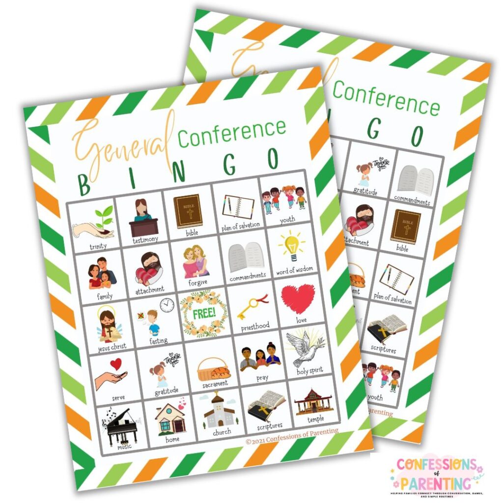 Close-up of printable General Conference bingo cards featuring LDS symbols, scripture themes, and colorful illustrated game spaces.