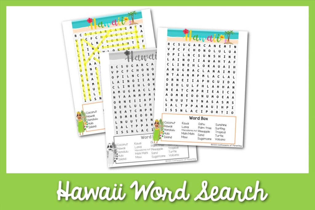 Three Hawaii word search printables with a green border