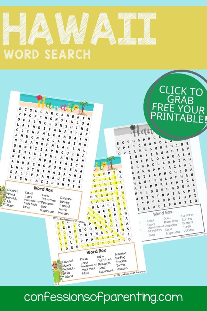 Three Hawaii word search printables on a blue background