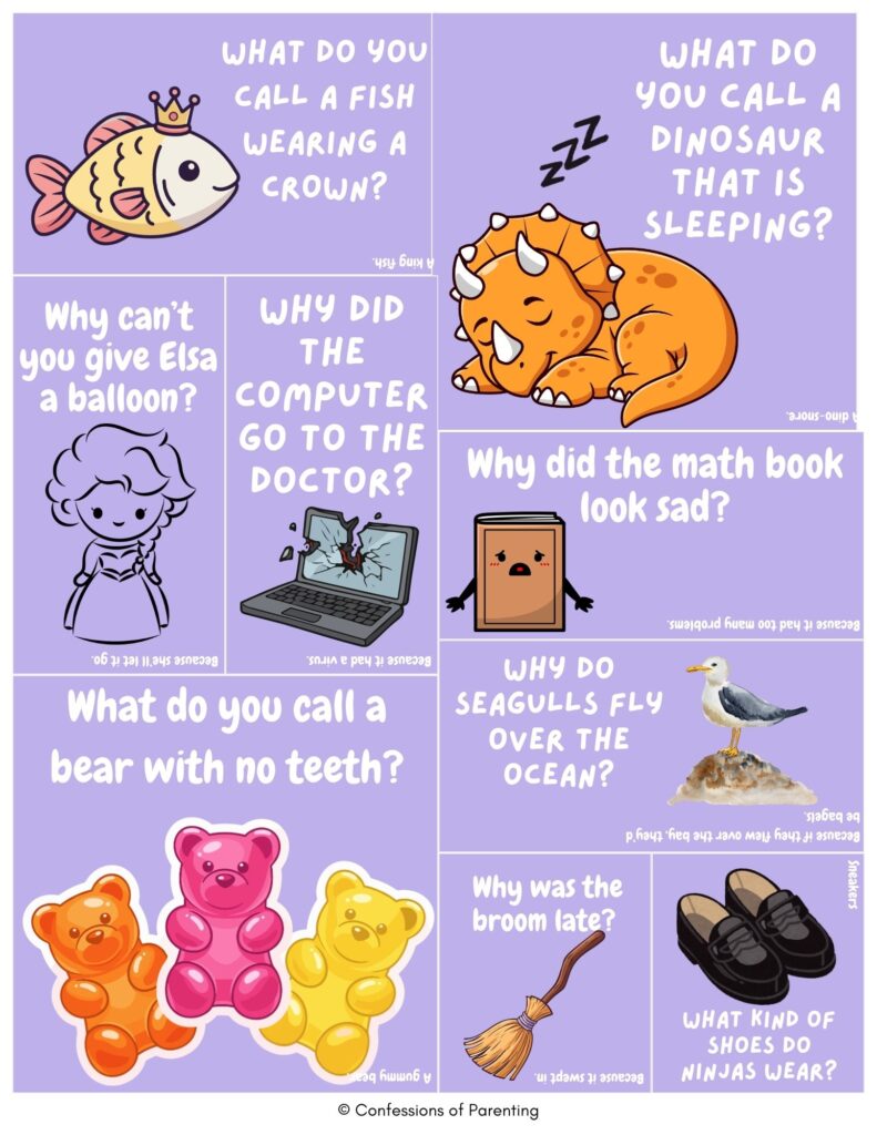 Purple collage of mixed jokes for kids with cartoon animals, a dinosaur, book, seagull, broom, and gummy bears alongside silly kid-friendly riddles.
