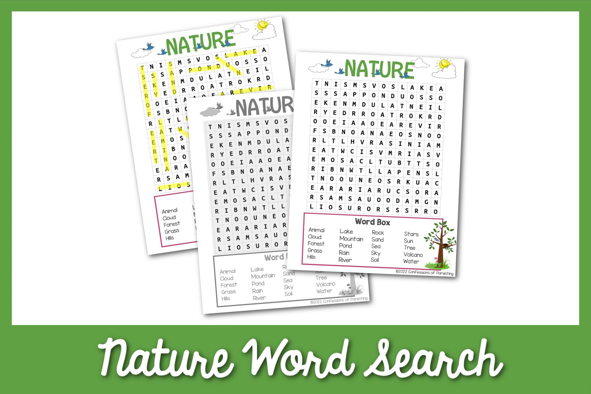 feature image: nature word search on a green border