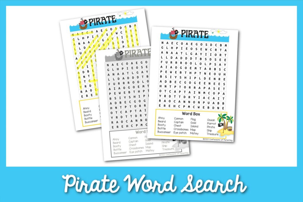 Three pirate word search printables with a blue border