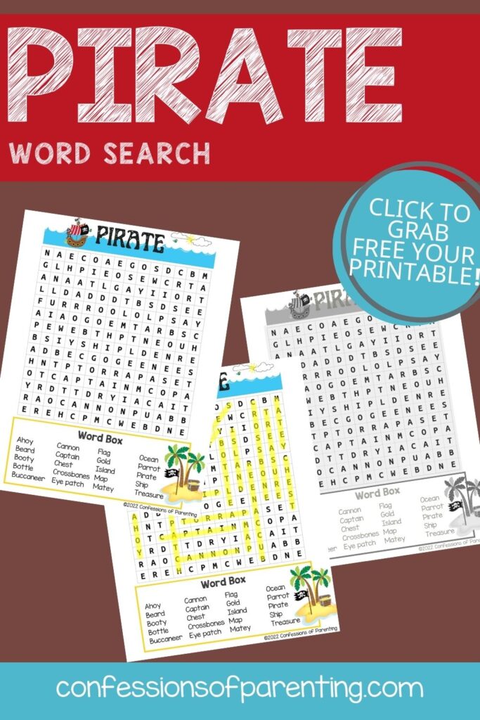 Three pirate word search printables on a plum background