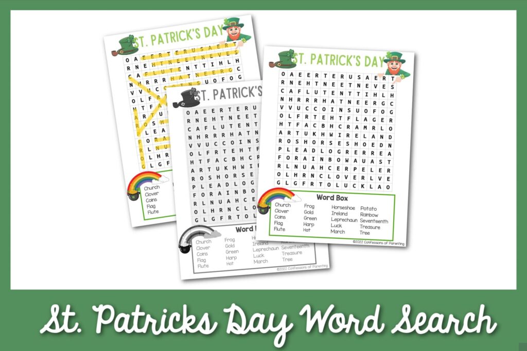 Three st. patrick's day word search printables on a green border