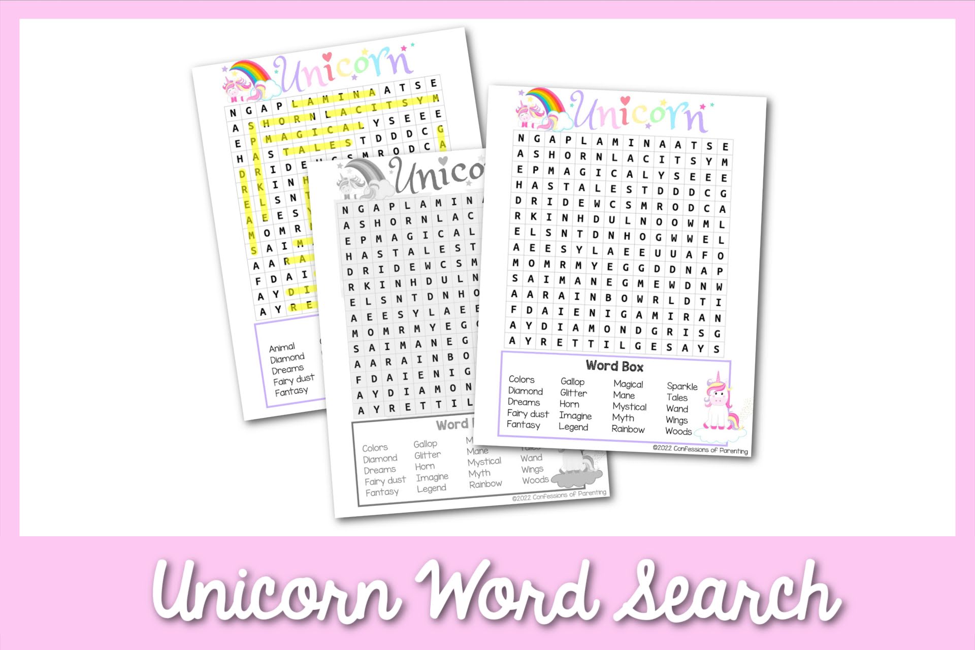 featured image: unicorn word search in a pink border