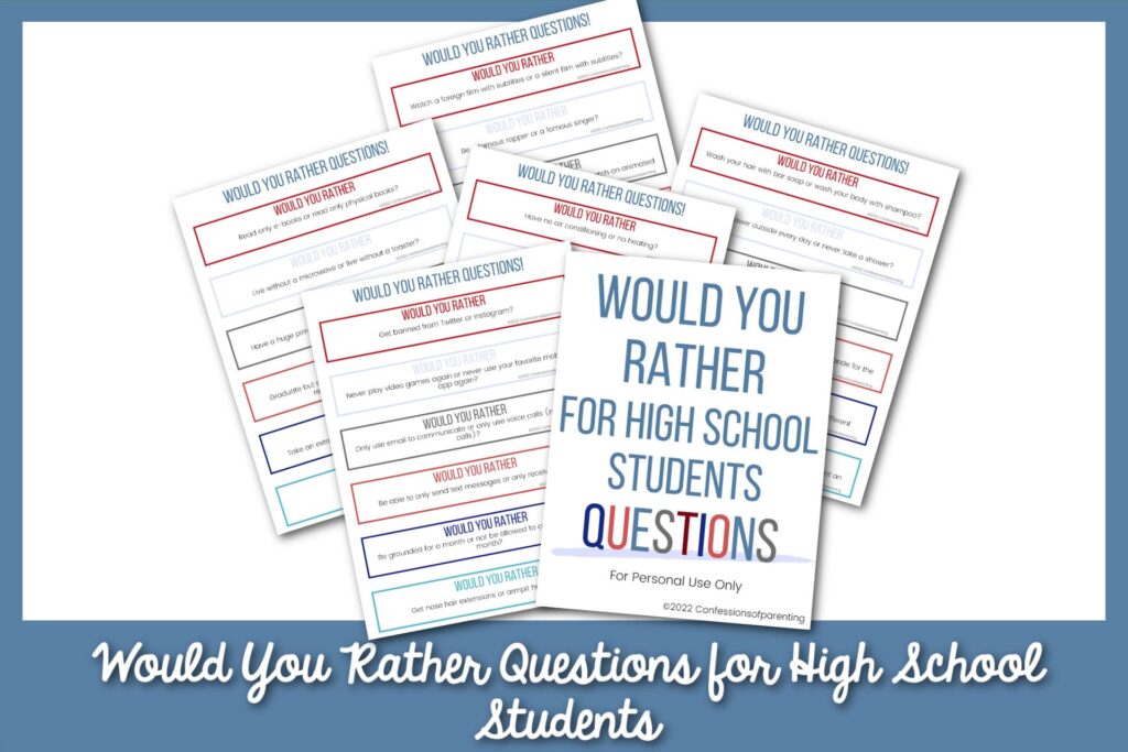 featured image: would you rather for high school students questions on a blue border
